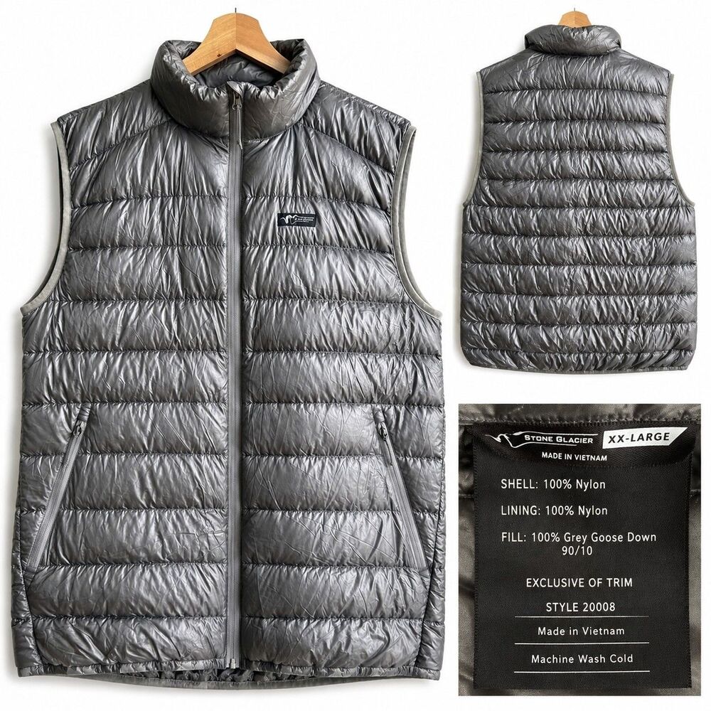 Stone Glacier Grumman Down Ultimate 850PF Silver Gray Vest Men’s 2XL Stuff Sack